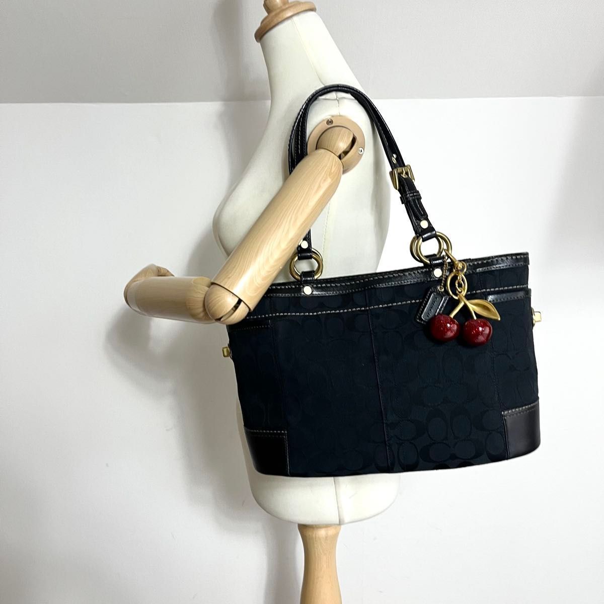 美品 COACH コーチ トートバッグ シグネチャー キャンバス 黒 ターン 