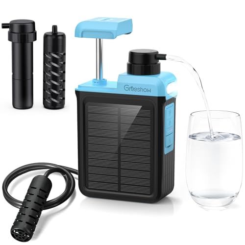 【業界最新&手動ボンプ付き】Greeshow 携帯浄水器 アウトドア 浄水器 電動浄水器 日本正規品 ソーラー充電可能 濾過器 飲み水 災害 防災士推奨 サバイバル浄水器 スマホ充電機能 高輝度LEDライト付き SOSモード【送料無料】【☆Yuki☆Shop】