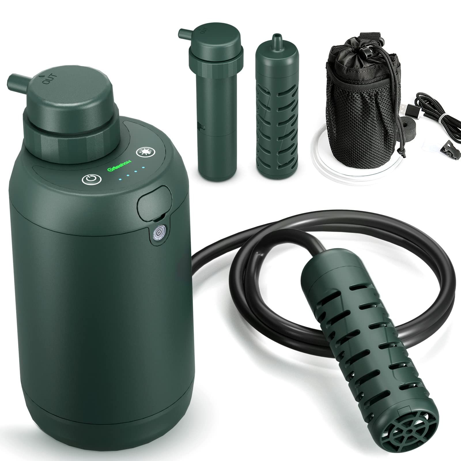 GreeShow【業界新発想】 携帯浄水器 アウトドア 濾過器 サバイバル浄水器 USB電動 登山 キャンプ 野営 災害用 防災用 グッズ 軽量 LED電灯搭載 GS-2801 フィルター 2個セット（ディープグリーン）【送料無料】【☆Yuki☆Shop】