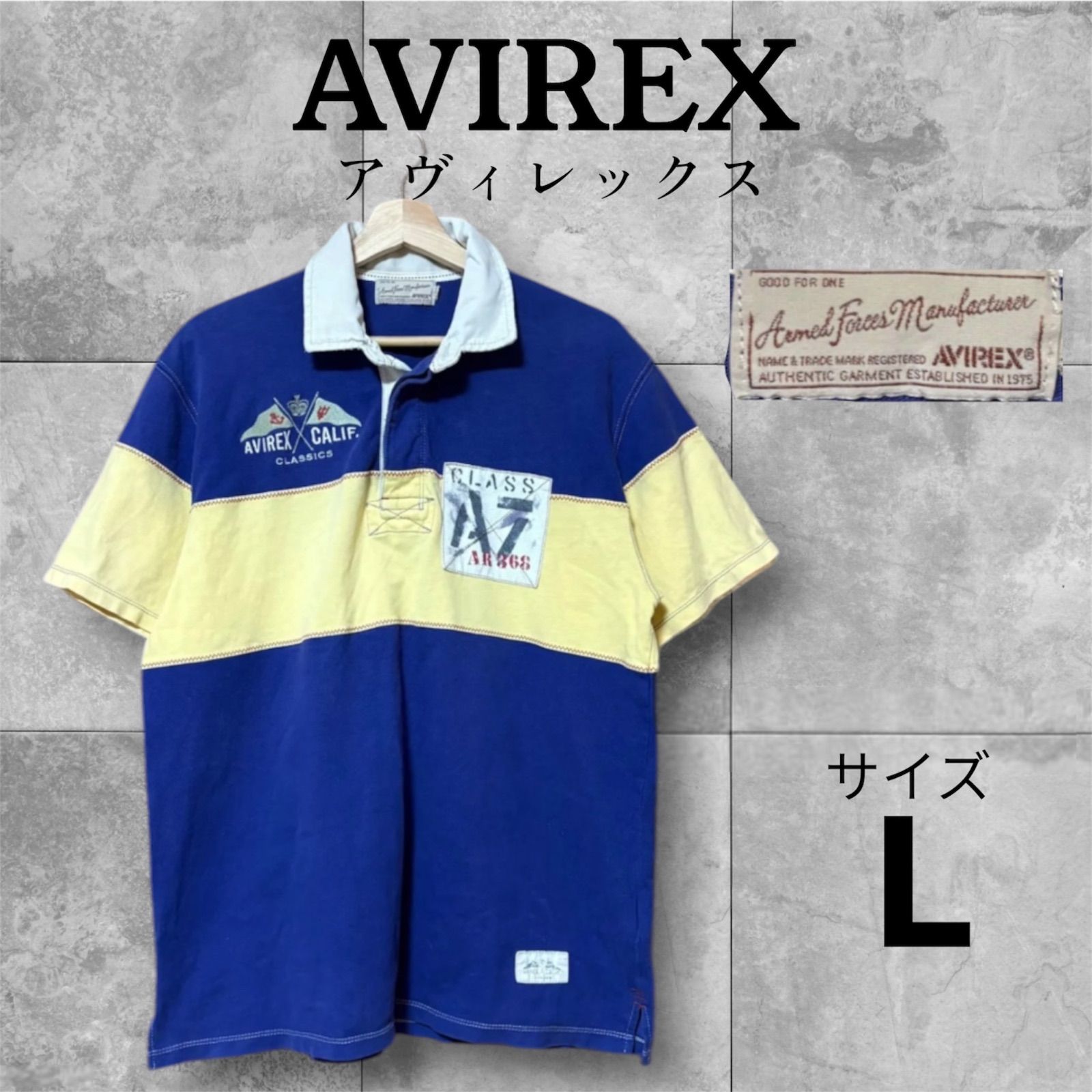 34] AVIREX ポロシャツ 半袖 ラガーシャツ 刺繍 ワッペン ネイビー 