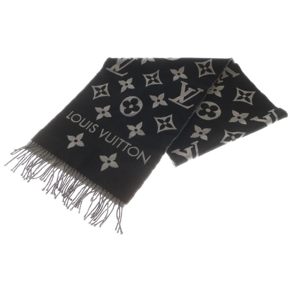 ルイ・ヴィトン 黒 マフラー フリンジ付き LOUIS VUITTON (ルイヴィトン) LV エッセンシャル フリンジマフラー