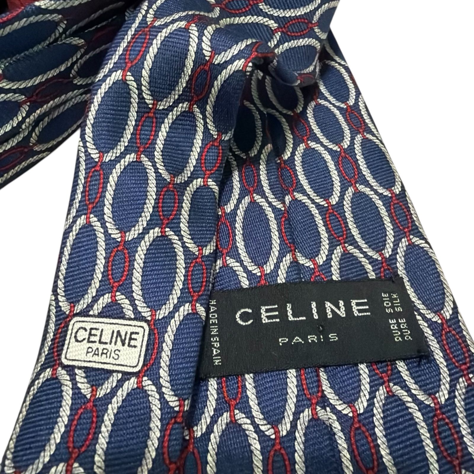 CELINE セリーヌ ネクタイ シルク フランス製 ネイビー チェーン柄 総