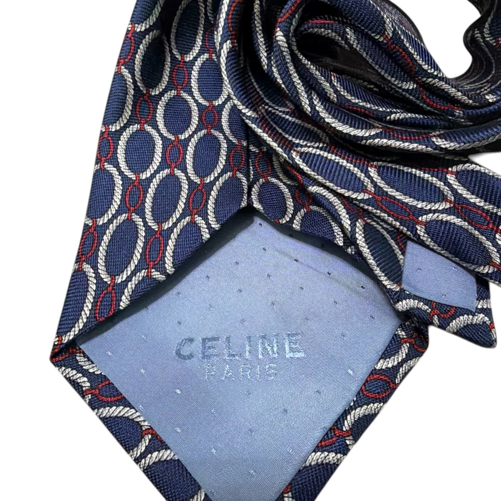 セリーヌ CELINE ☆ ヴィンテージ 総柄 シルク ネクタイ ネイビー CELINE セリーヌ ネクタイ シルク フランス製 ネイビー チェーン柄 総