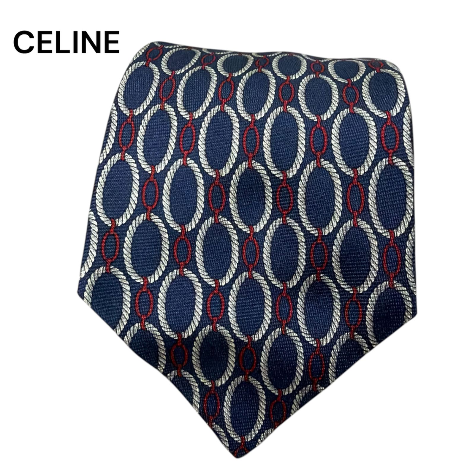 セリーヌ CELINE ☆ ヴィンテージ 総柄 シルク ネクタイ ネイビー CELINE セリーヌ ネクタイ シルク フランス製 ネイビー チェーン柄 総