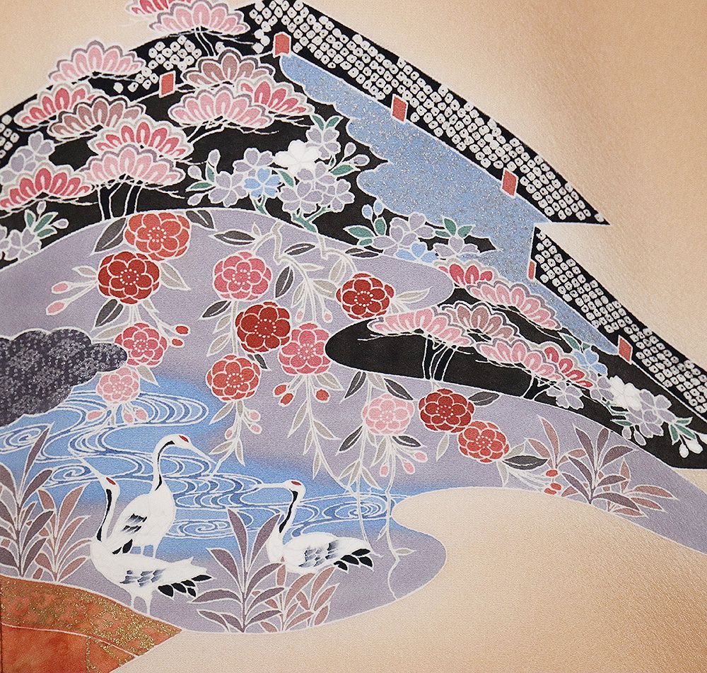 訪問着 袷 正絹 オレンジ 暈し 松皮菱 幕文 鶴 松竹梅 桜 藤 菊 訪問着 袷 正絹 オレンジ 暈し 松皮菱 幕文 鶴 松竹梅 桜 藤 菊