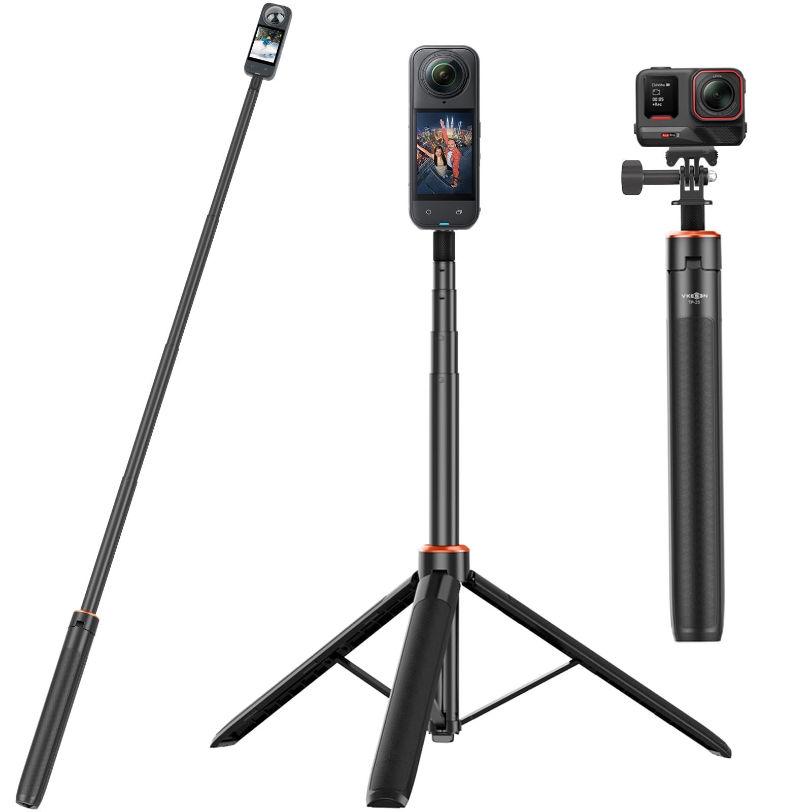 Insta360 X5/X4用 自撮り棒/三脚/一脚兼用 136cm延長ポール/セルカ棒 6段伸縮 長さ調整可能 持ち運び便利 軽量 折りたたみ 旅行用 vlog アクセサリー DJI Osmo 360、X3/GO 2/ONE X2/ONE RS 1インチ…