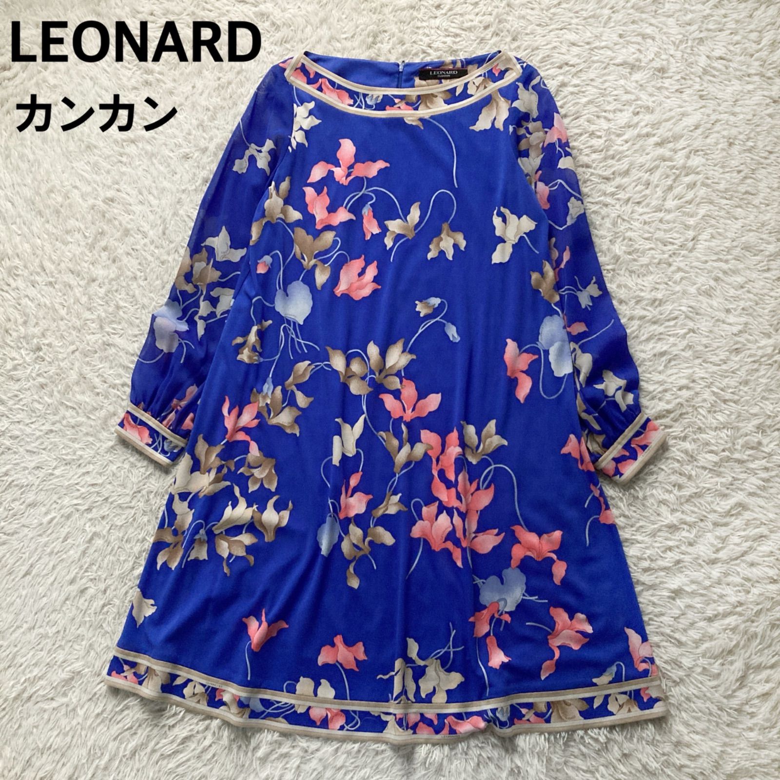 美品 LEONARD レオナール カンカン素材 花柄 トリム ひざ丈ワンピース 