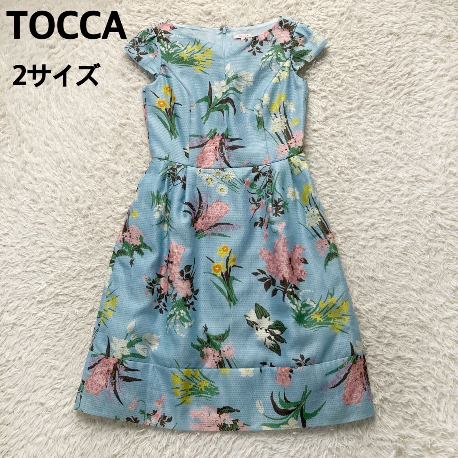 TOCCA 洗える 刺繍 ワンピース 2 ブルー 総柄 フレア Aライン 美品 TOCCA トッカ PICTURESQUE 花柄ワンピース Aラインフレア 水色 ライト