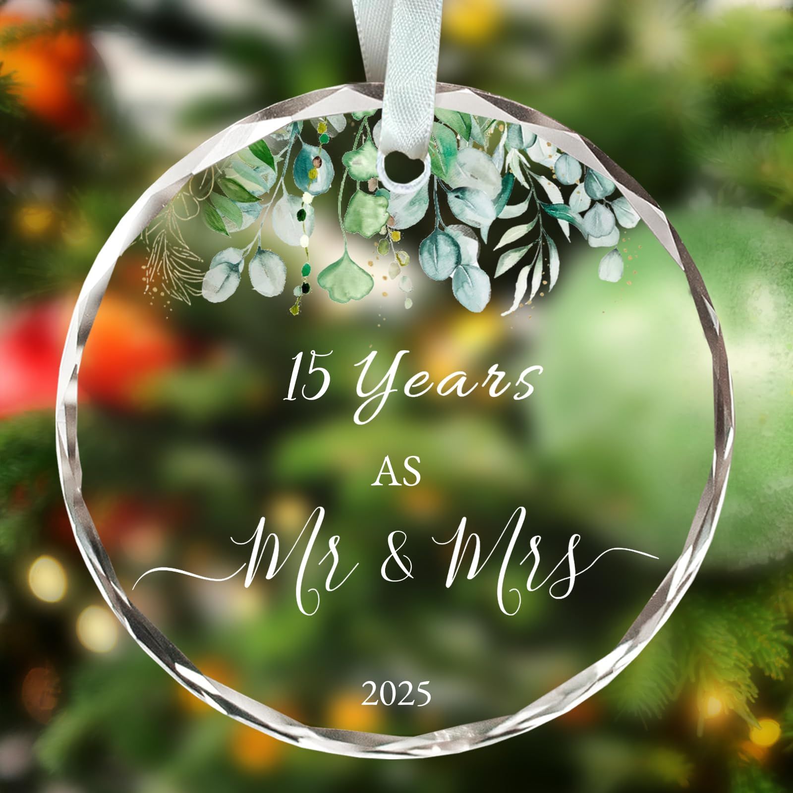 15年結婚ギフト 15周年記念オーナメント 2025年、カップルへの15周年記念ウェディングギフト、3インチ ガラス 記念品 クリスタルウェディングギフト 15周年記念オーナメント