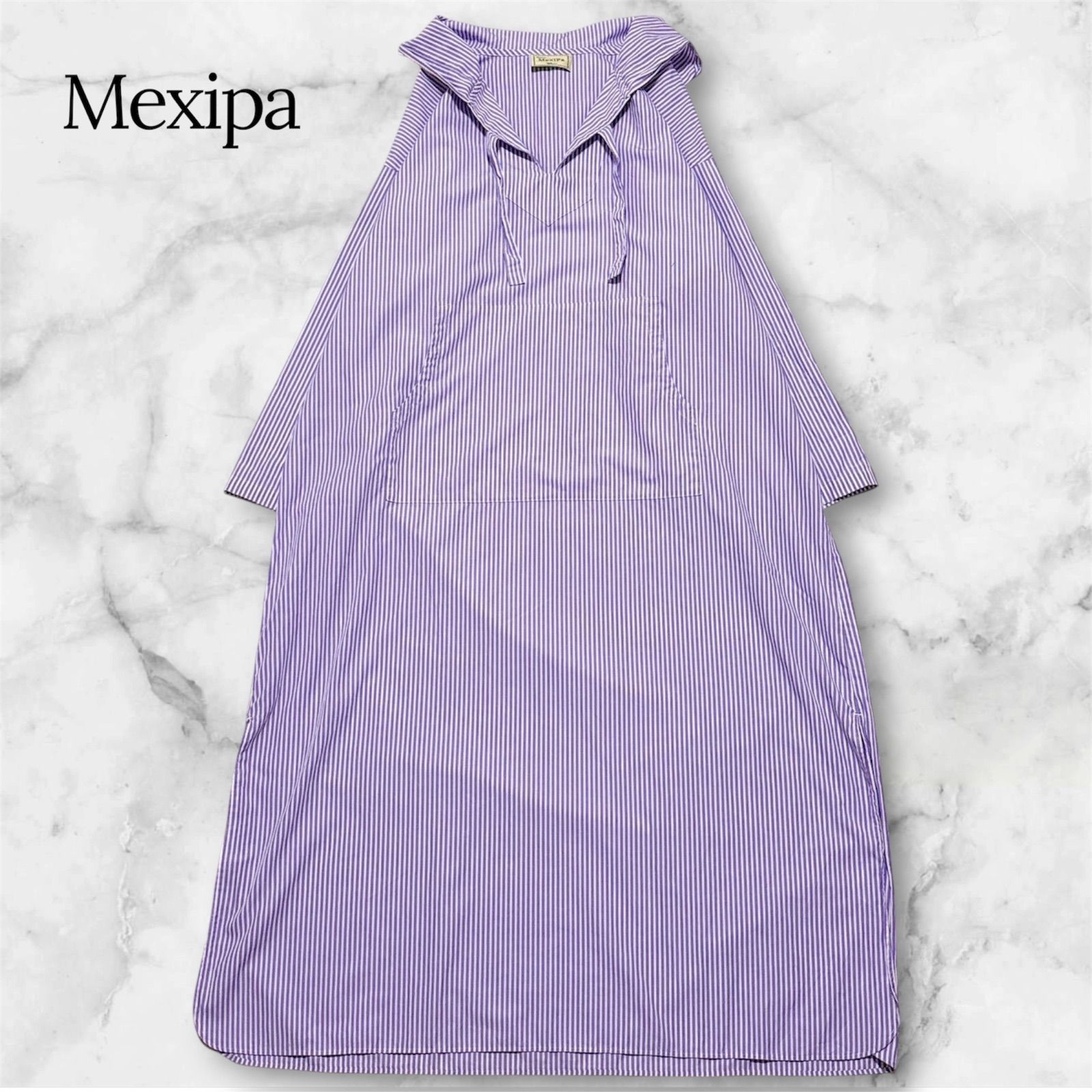 【極美品】ロンハーマン別注 MexiPa メキパ ストライプ メキシカンパーカー ロングワンピース パープル ホワイト Fサイズ 日本製 Ron Herman 21SS 爽やか 長袖 人気デザイン B1101