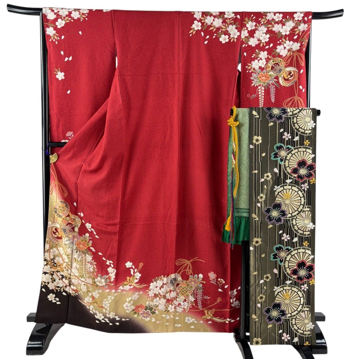 振袖 身丈165.5cm 裄丈69.5cm 正絹 名品 【中古】 振袖 身丈165cm 裄丈66cm M 袷 袋帯フルセット 鼓 桜 金彩 ぼかし 赤