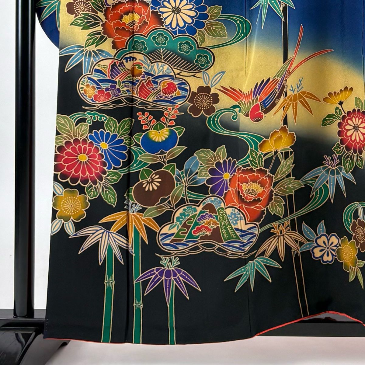 振袖 身丈159cm 裄丈65.5cm M 袷 落款 笠松 花鳥 ぼかし 染め分け 藍色