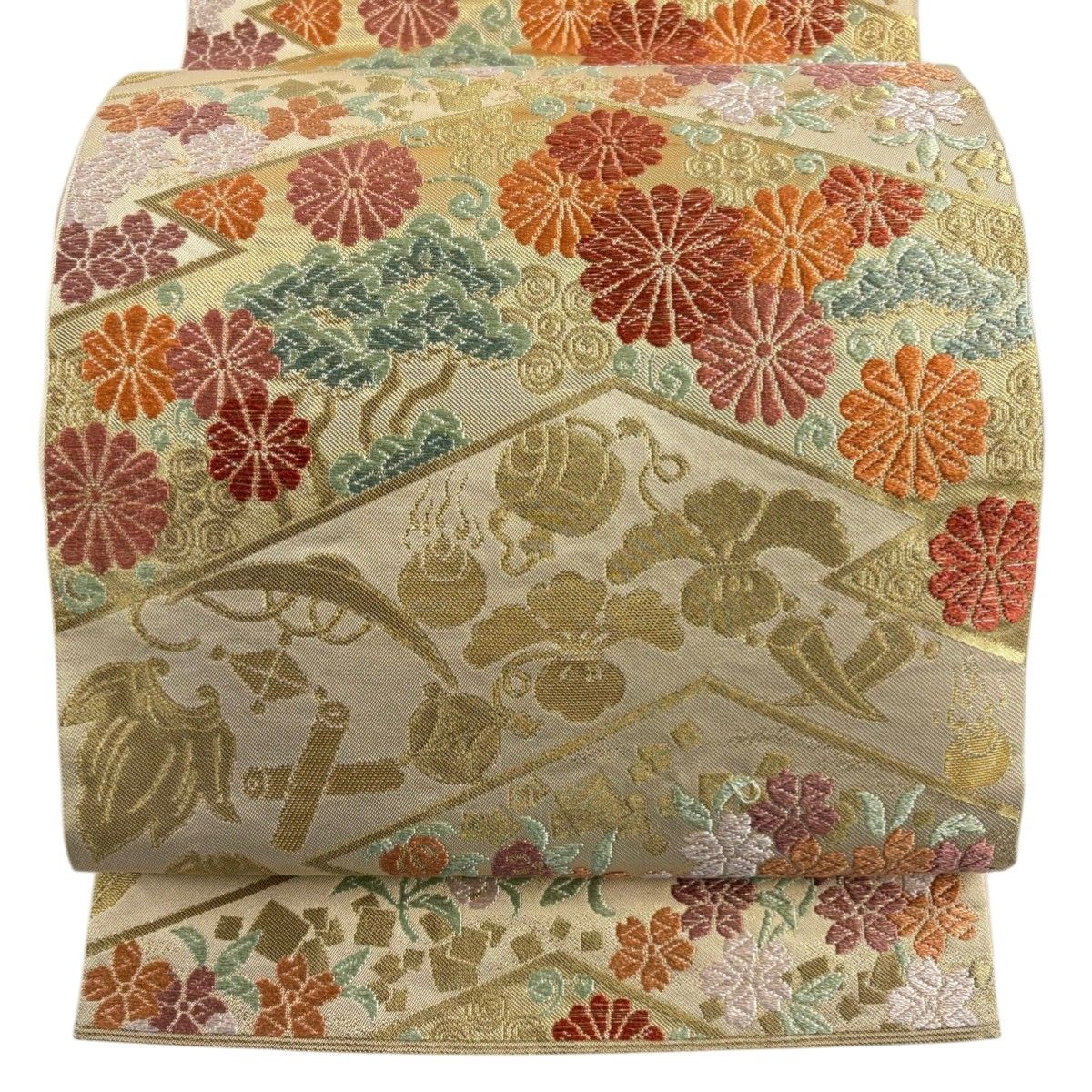 美品】 袋帯 秀品 川島織物 落款 関西仕立て 菊唐草 宝尽くし 美品】 袋帯 秀品 川島織物 落款 関西仕立て 菊唐草 宝尽くし