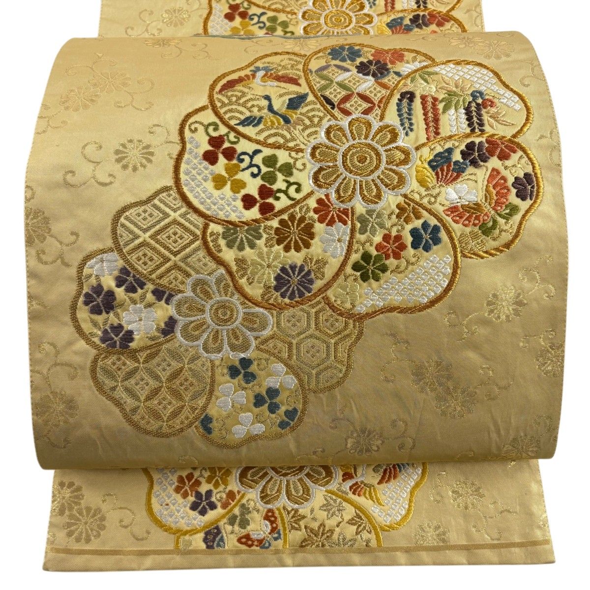 袋帯 秀品 関西仕立て 花 花唐草 金糸 箔 ベージュ 六通 正絹 袋帯 秀品 関西仕立て 花 花唐草 金糸 箔 ベージュ 六通 正絹