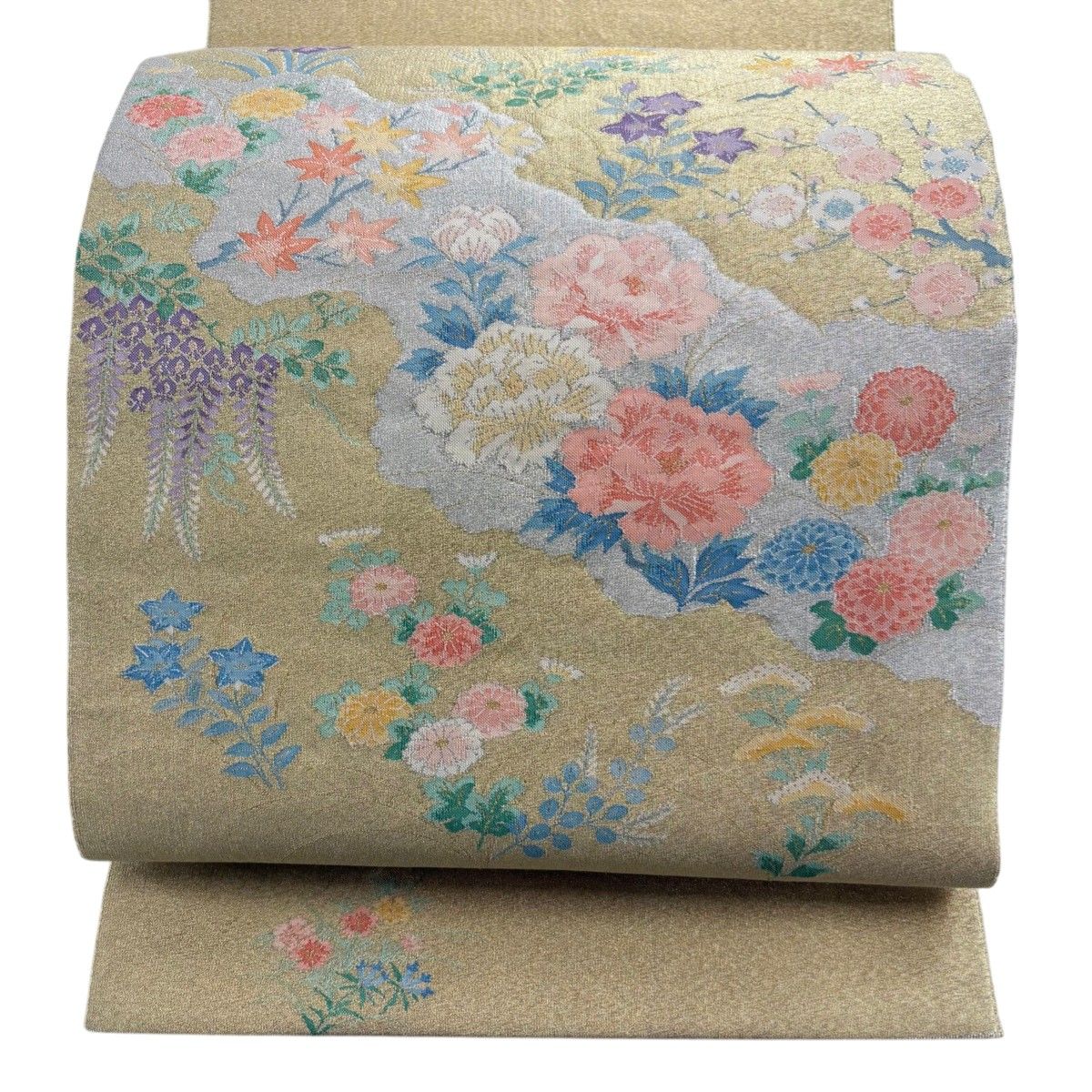 美品】 袋帯 秀品 加賀宝園 牡丹 草花 金銀糸 金色 お太鼓柄 美品】 袋帯 秀品 加賀宝園 牡丹 草花 金銀糸 金色 お太鼓柄