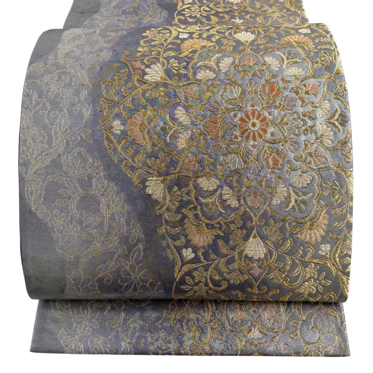 美品】 袋帯 秀品 道長金唐草華文 草花 金銀糸 箔 灰紫 六通 美品】 袋帯 秀品 道長金唐草華文 草花 金銀糸 箔 灰紫 六通