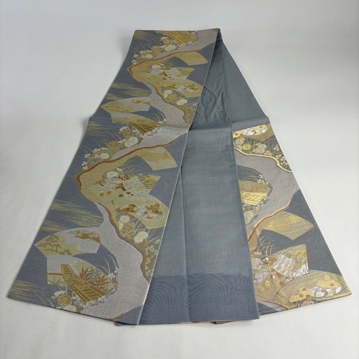 袋帯 秀品 夏帯 絽 扇面 笠 金銀糸 箔 青灰色 六通 正絹 【中古 袋帯 秀品 夏帯 絽 扇面 笠 金銀糸 箔 青灰色 六通 正絹 【中古