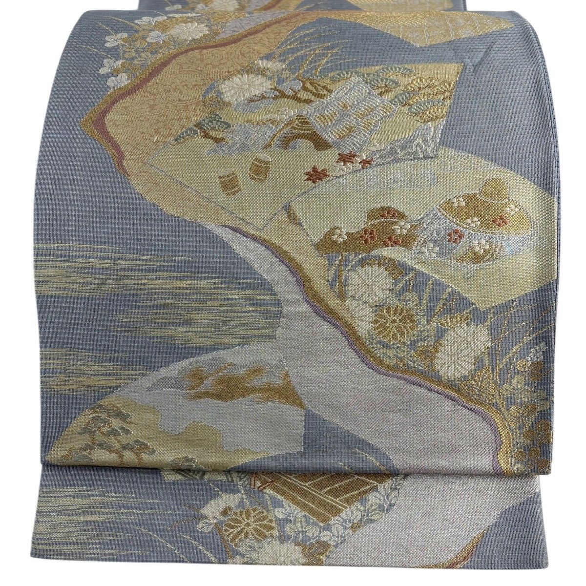 袋帯 秀品 夏帯 絽 扇面 笠 金銀糸 箔 青灰色 六通 正絹 【中古 袋帯 秀品 夏帯 絽 扇面 笠 金銀糸 箔 青灰色 六通 正絹 【中古