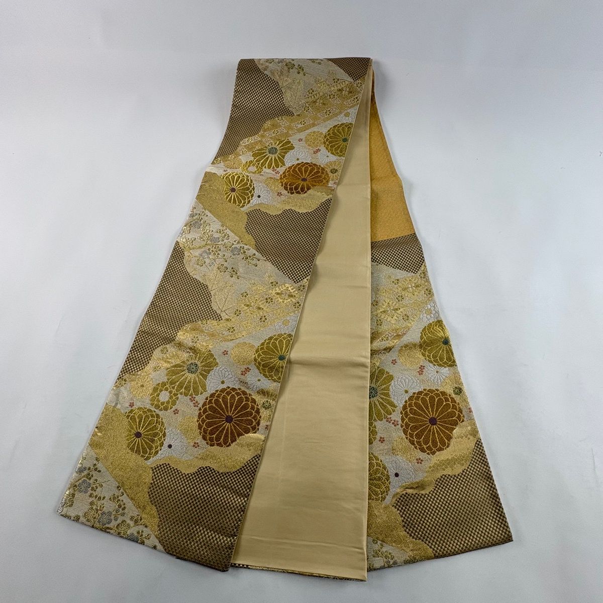 六通　袋帯　箔の帯 袋帯 秀品 鳥 草花 箔 金色 六通 正絹 中古 袋帯 六通 箔