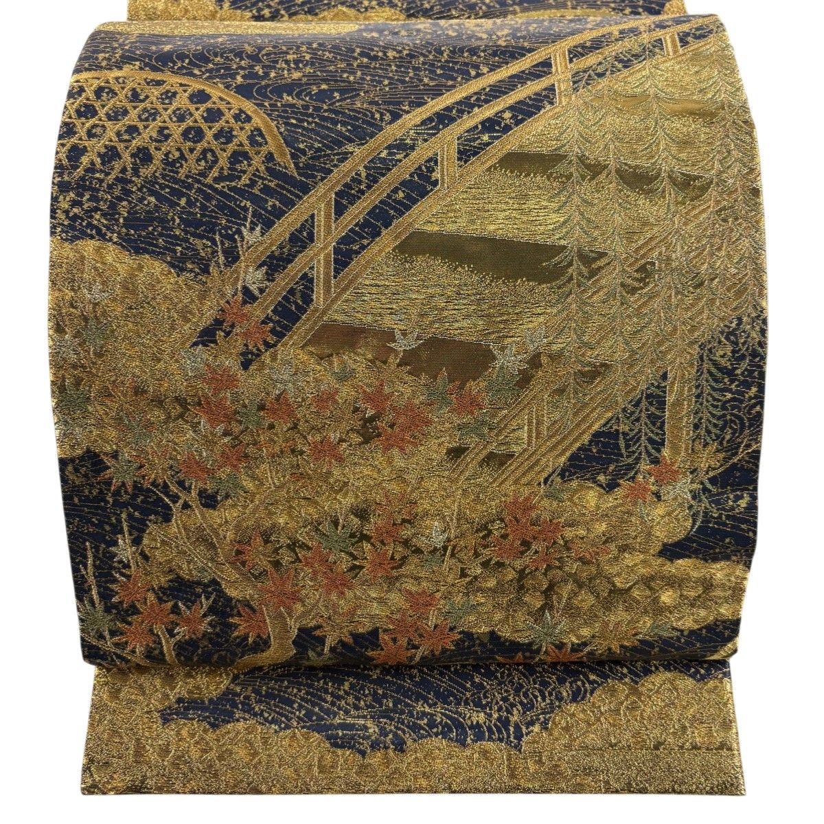丸帯 秀品 紅葉 橋 金糸 箔 濃紺 お太鼓柄 正絹 【中古】