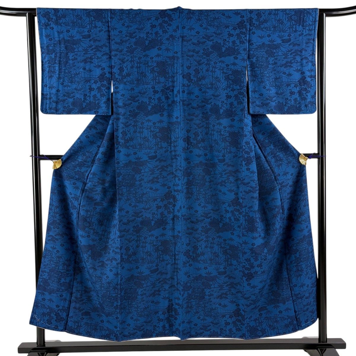 美品】 小紋 身丈153cm 裄丈62.5cm S 袷 松竹梅 雲文 藍色 正絹 美品】 小紋 身丈153cm 裄丈62.5cm S 袷 松竹梅 雲文 藍色 正絹