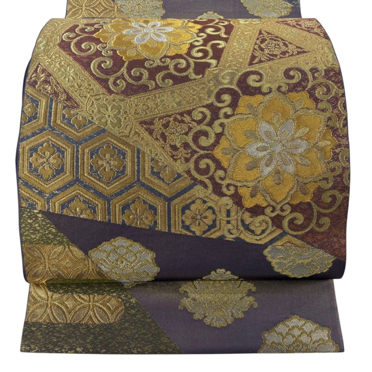 美品】 袋帯 秀品 川島織物 落款 華文 亀甲 金銀糸 箔 紫 六通 美品】 袋帯 秀品 川島織物 落款 華文 亀甲 金銀糸 箔 紫 六通