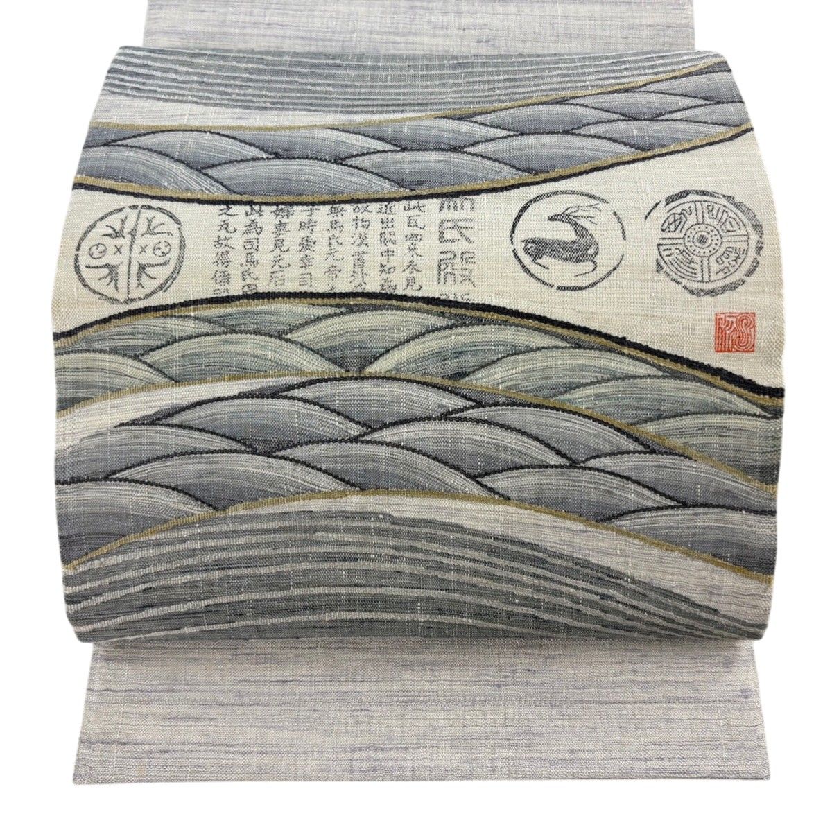 美品】 袋帯 秀品 落款 紬地 やまと 文字文 波 手彫木版染 灰色 美品】 袋帯 秀品 落款 紬地 やまと 文字文 波 手彫木版染 灰色