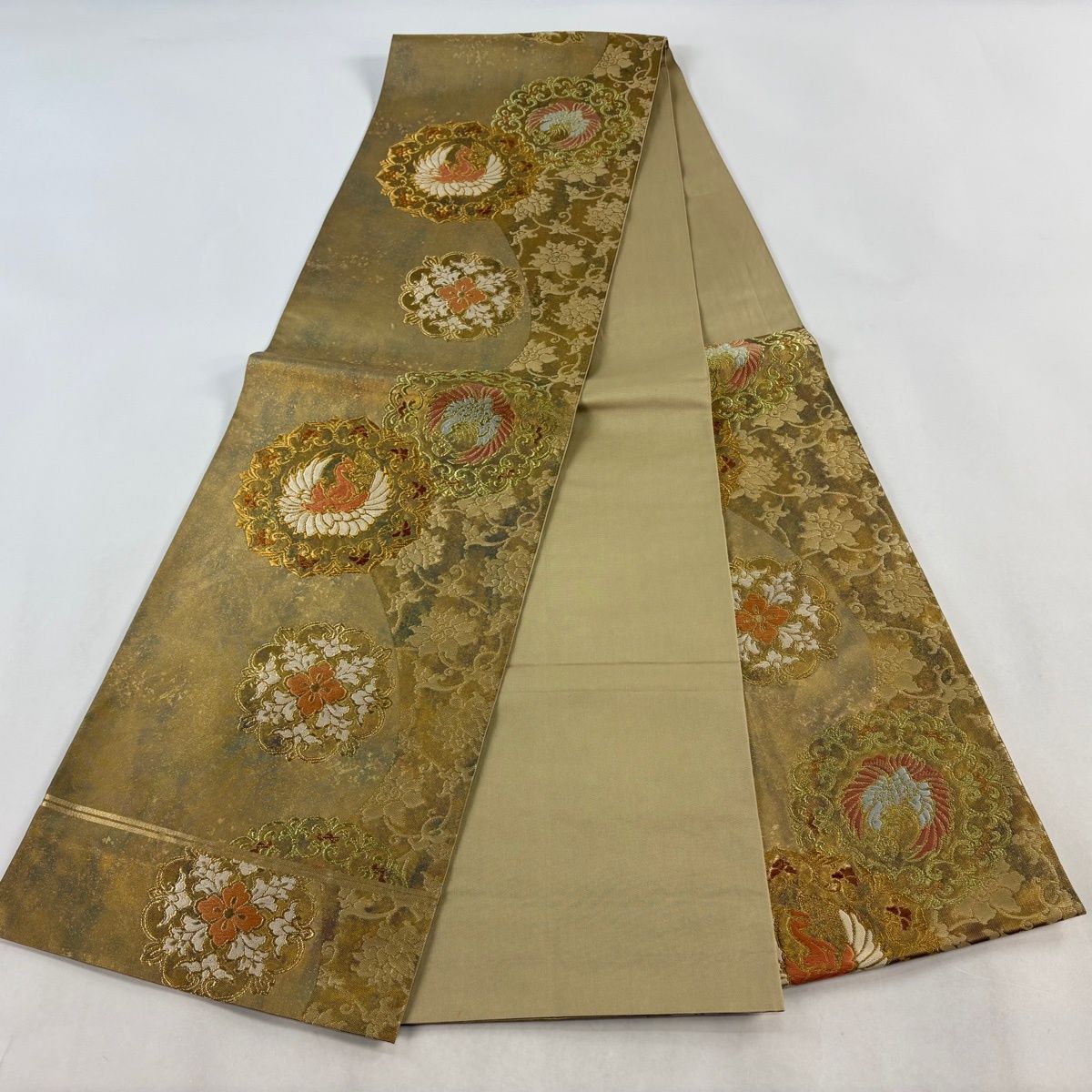 美品】 袋帯 秀品 川島織物 落款 鳳凰 花唐草 金糸 箔 金色 六通 正絹 