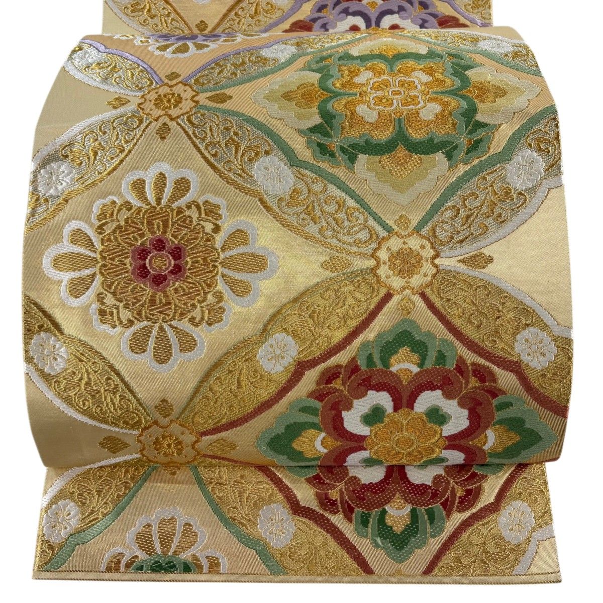 袋帯 秀品 七宝華文 花唐草 唐織 金銀糸 金色 六通 正絹 【中古