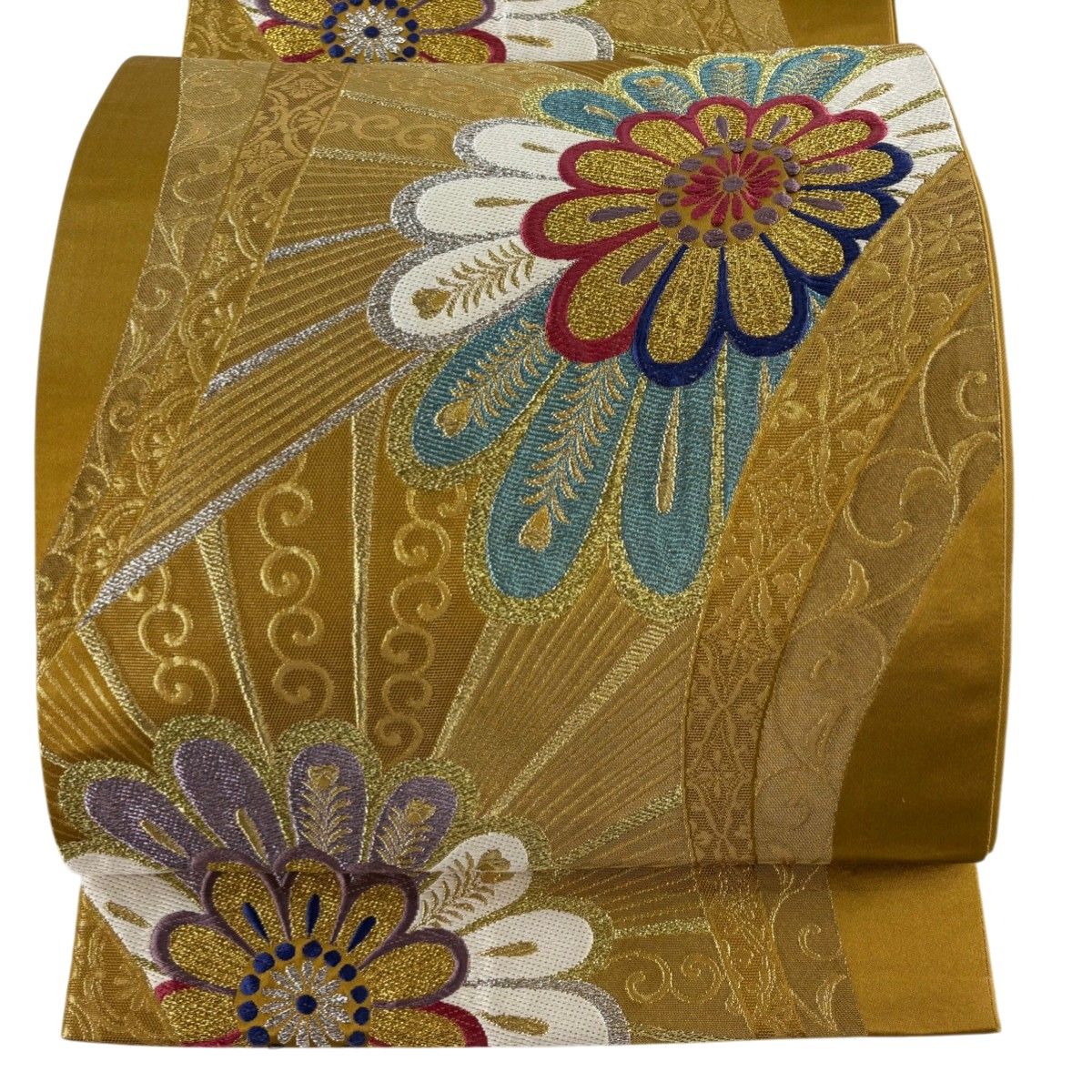 袋帯　6通　刺繍　ラメ　金糸　美品 袋帯 美品 秀品 華文 花唐草 刺繍 金糸 金色 六通 正絹 【中古