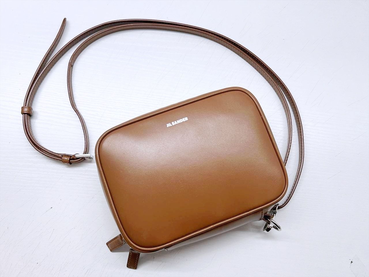 美品 JIL SANDER ハンドバッグ 2way レザー ブラウン ロゴ型押し 