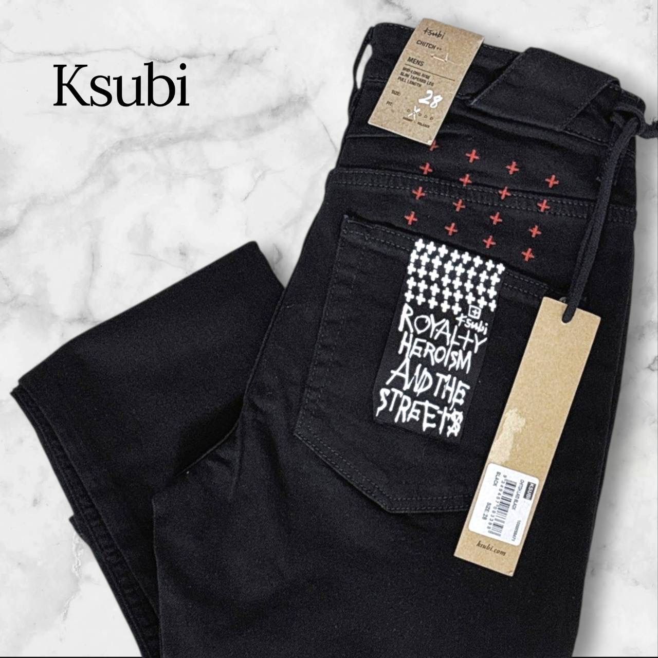 【新品タグ付き】Ksubi スビ CHITCH チッチ ブラック デニムパンツ スキニー クロス刺繍 ボタンフライ メンズ 28 黒 ストリート ジーンズ ブラックデニム ボトムス かっこいい 人気 B1119