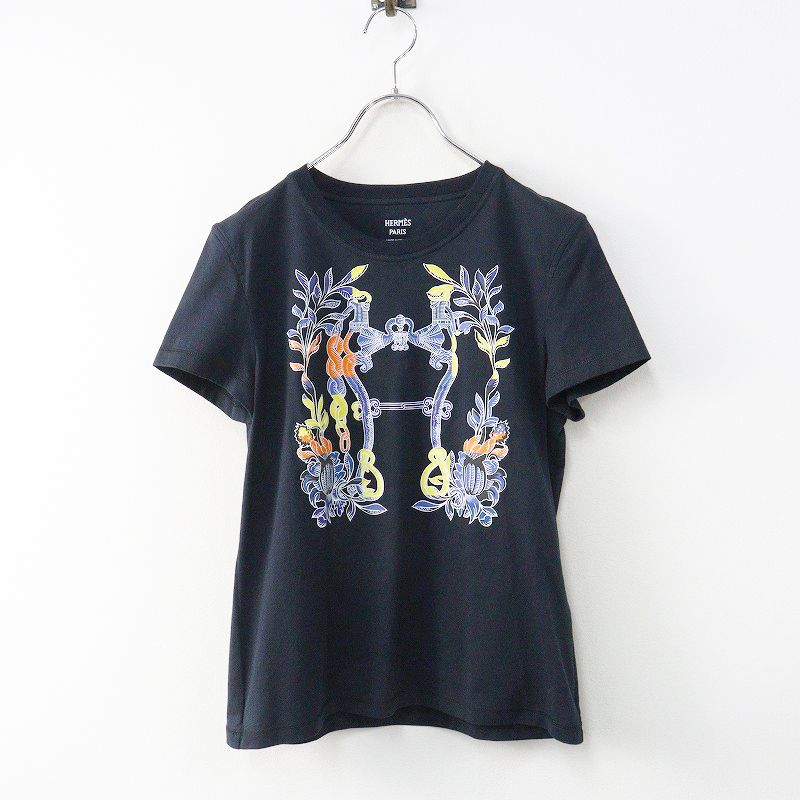 美品 レディース 2024SS エルメス HERMES カルトゥッシュ デッラ カヴァッレリア コンパクトTシャツ 36 ブラック┃//黒【2400014841596】
