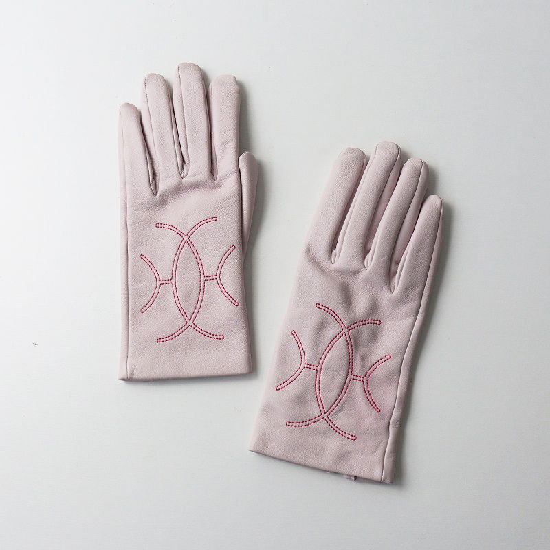 良品 箱付き JPタグ エルメス HERMES Hリフト 刺繍 レザーグローブ 6.5