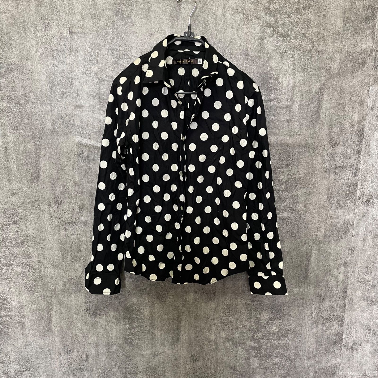 Y-547】ate label ドット柄シャツ L相当 ブラック ホワイト 黒 白 水玉 