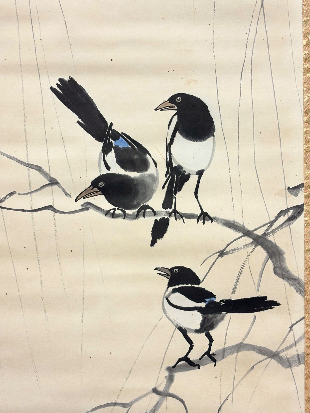 徐悲鴻・四条屏】「春月禽生」掛軸セット 表装済み／全体163×38cm