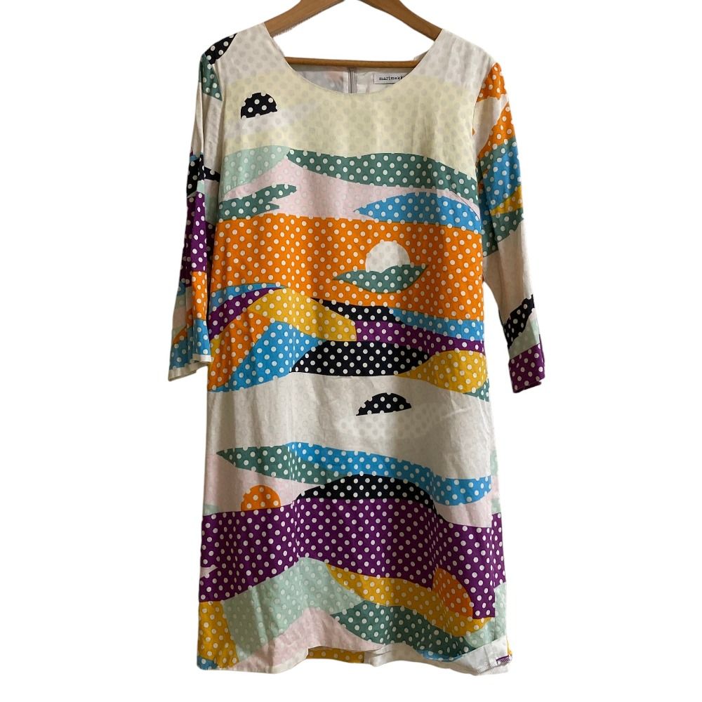 美品 marimekko マリメッコ ドットプリント 七分袖 ミニワンピース 