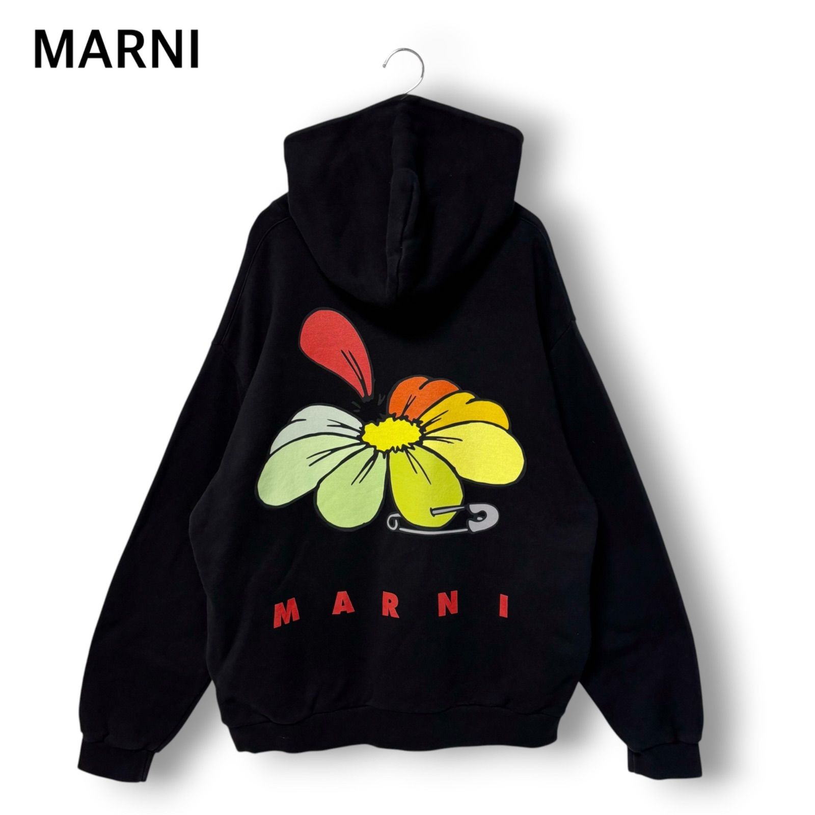 美品 MARNI マルニ パーカー フラワーバックプリント 黒 48 イタリア製 メンズ 美品 MARNI マルニ パーカー フーディ フラワーバックプリント