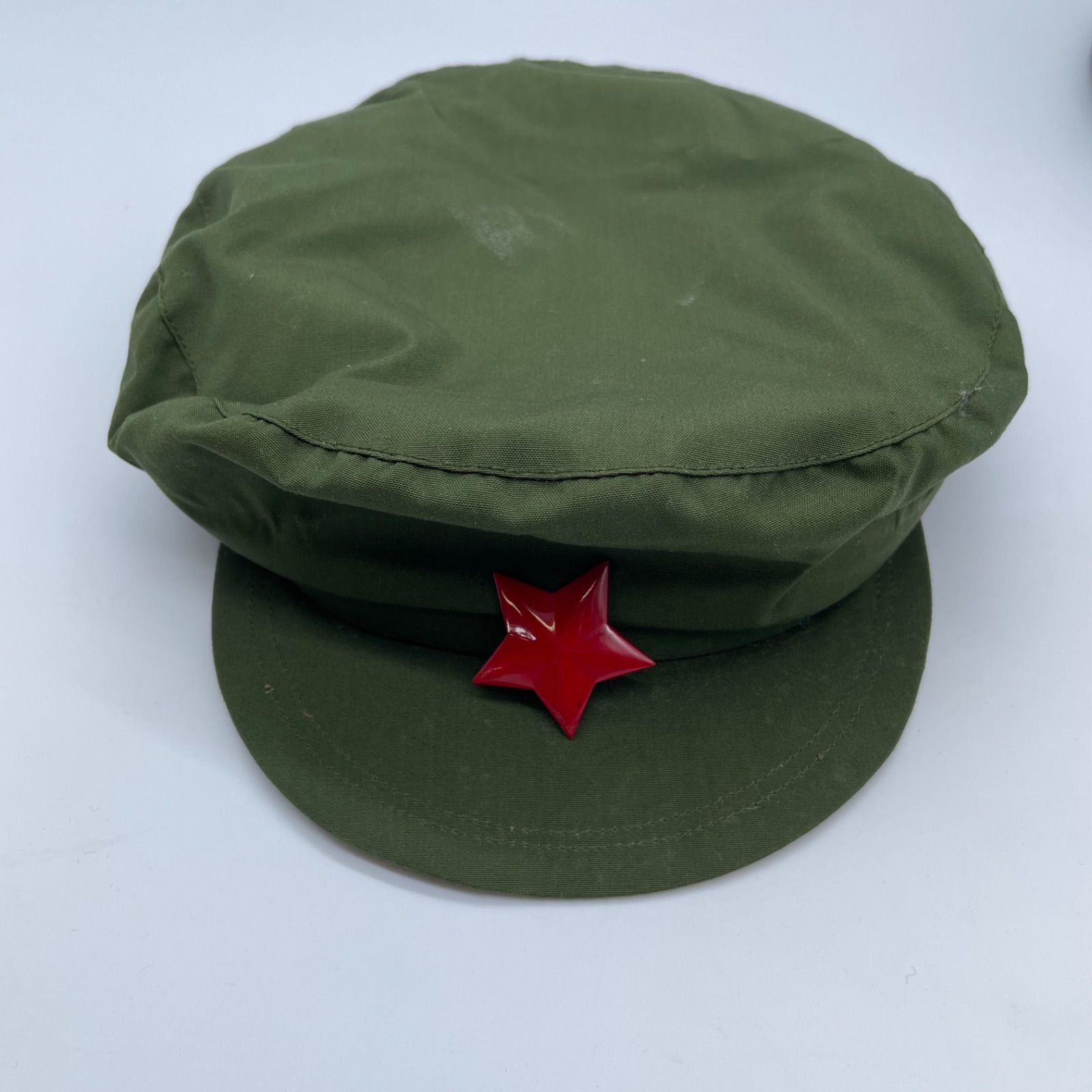 Y-569】中国軍 ミリタリーキャップ グリーン 赤星 帽子 サイズ57cm
