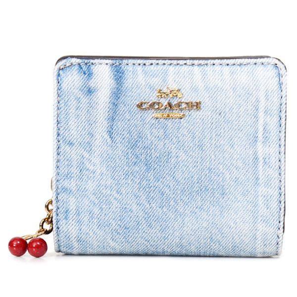 【新品未使用】COACH デニム　二つ折り財布　青　さくらんぼチャーム コーチ 財布 COACH デニム さくらんぼ レザー ロゴ チャーム