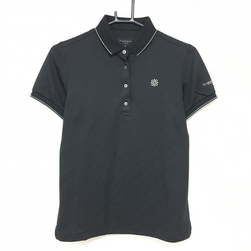 St Andrews ポロシャツ ブラック ロゴ襟 超美品】セントアンドリュース 半袖ポロシャツ 黒×シルバー ロゴ地模様