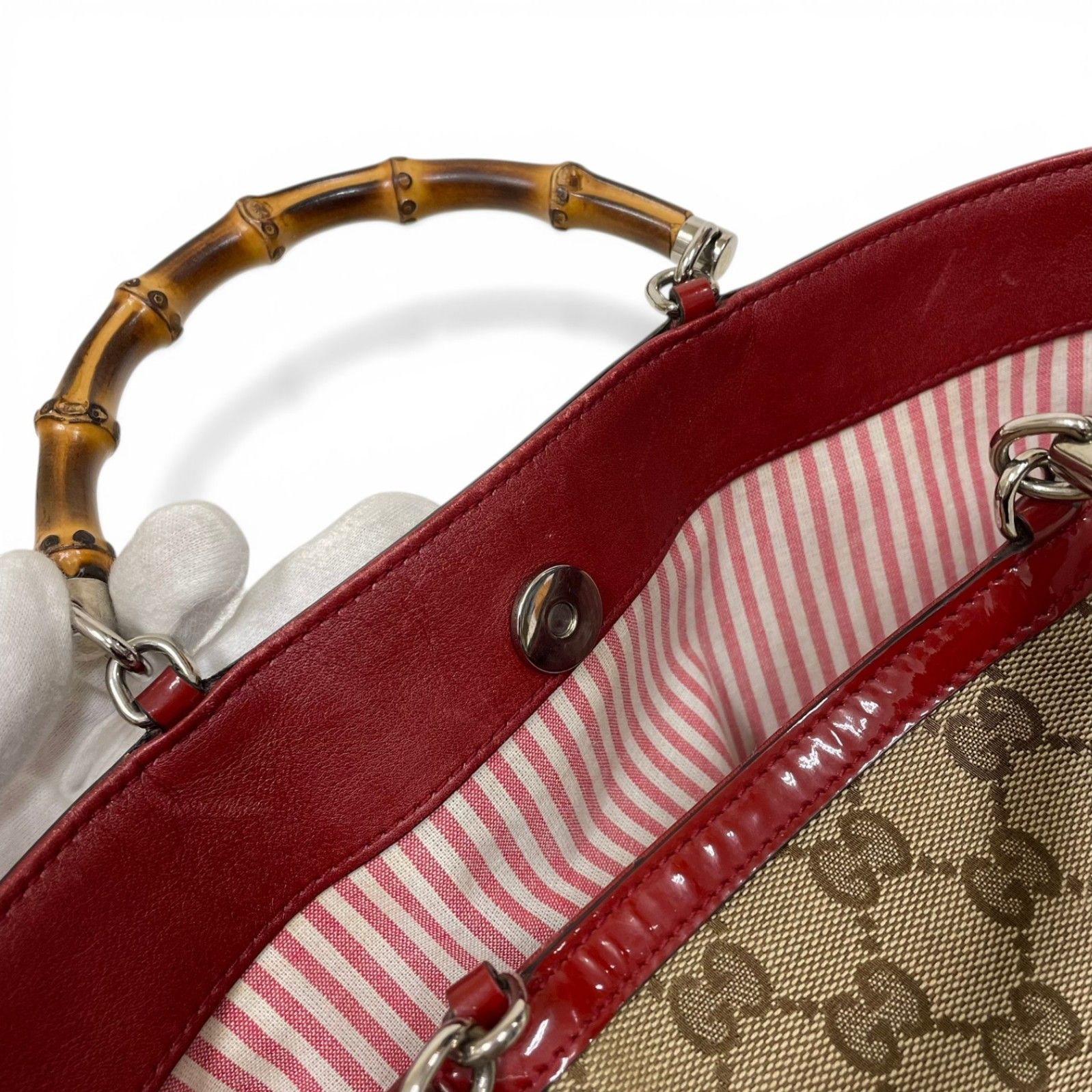 GUCCI グッチ ハンドバッグ バンブー GGキャンバス レッドパテント