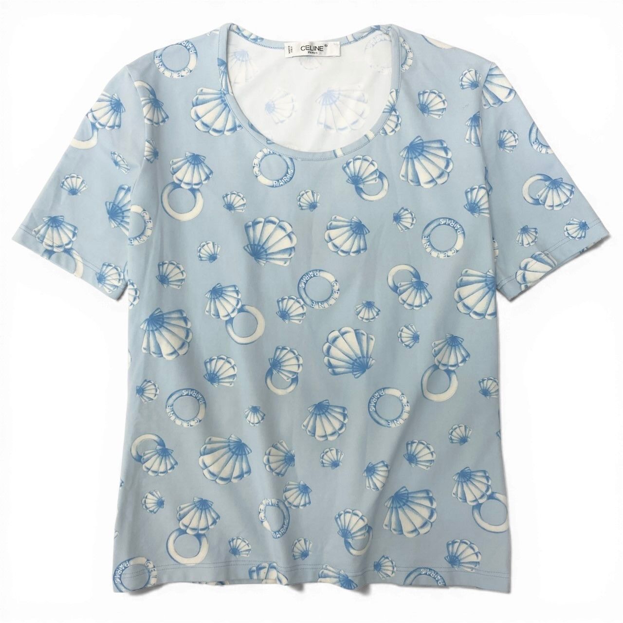 Ic30  CELINE セリーヌ マリン柄 半袖Tシャツ クルーネック カットソー 総柄 伸縮ストレッチ レディース 女性服 ライトブルーu02t Ic30 CELINE セリーヌ マリン柄 半袖Tシャツ クルーネック カットソー
