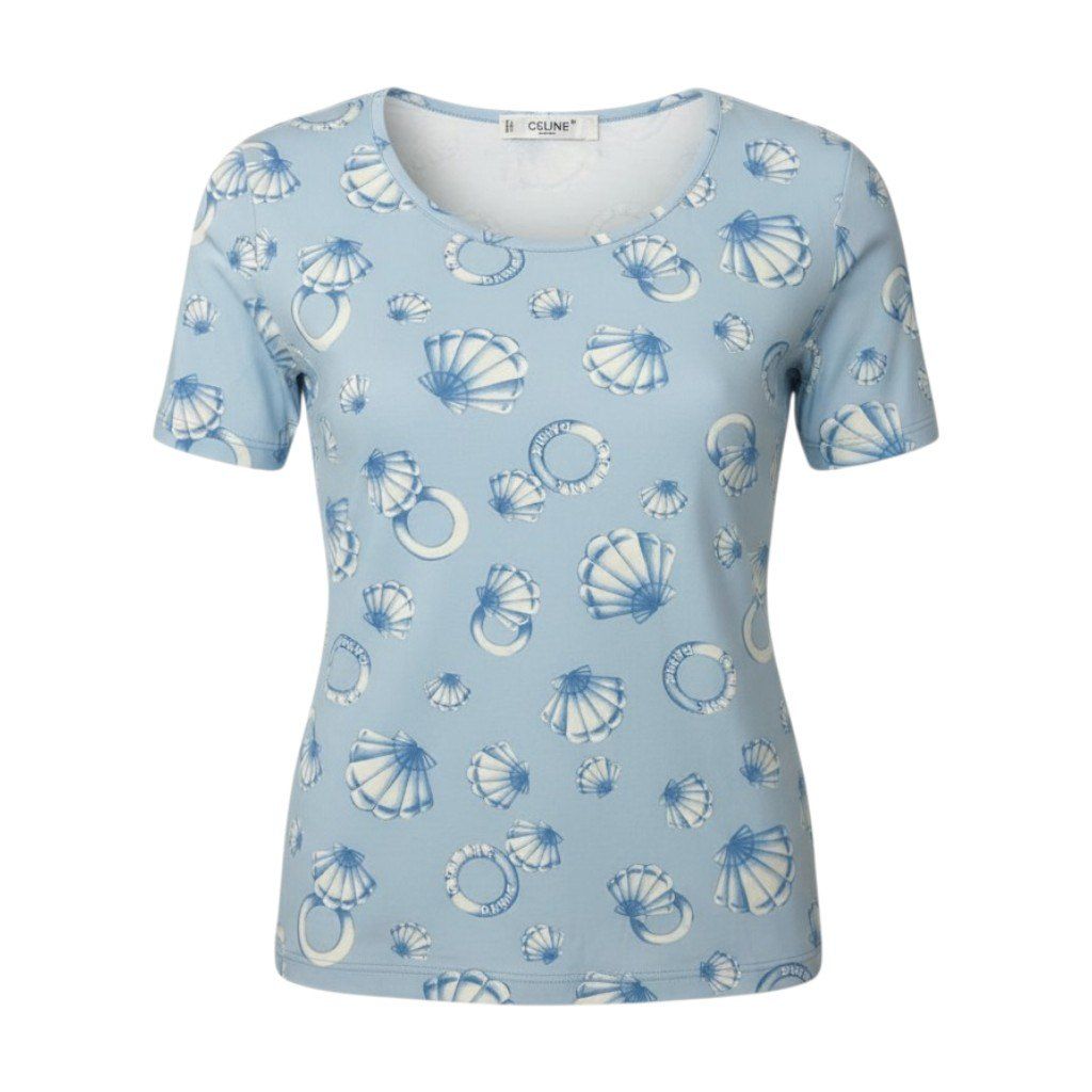 Ic30  CELINE セリーヌ マリン柄 半袖Tシャツ クルーネック カットソー 総柄 伸縮ストレッチ レディース 女性服 ライトブルーu02t Ic30 CELINE セリーヌ マリン柄 半袖Tシャツ クルーネック カットソー
