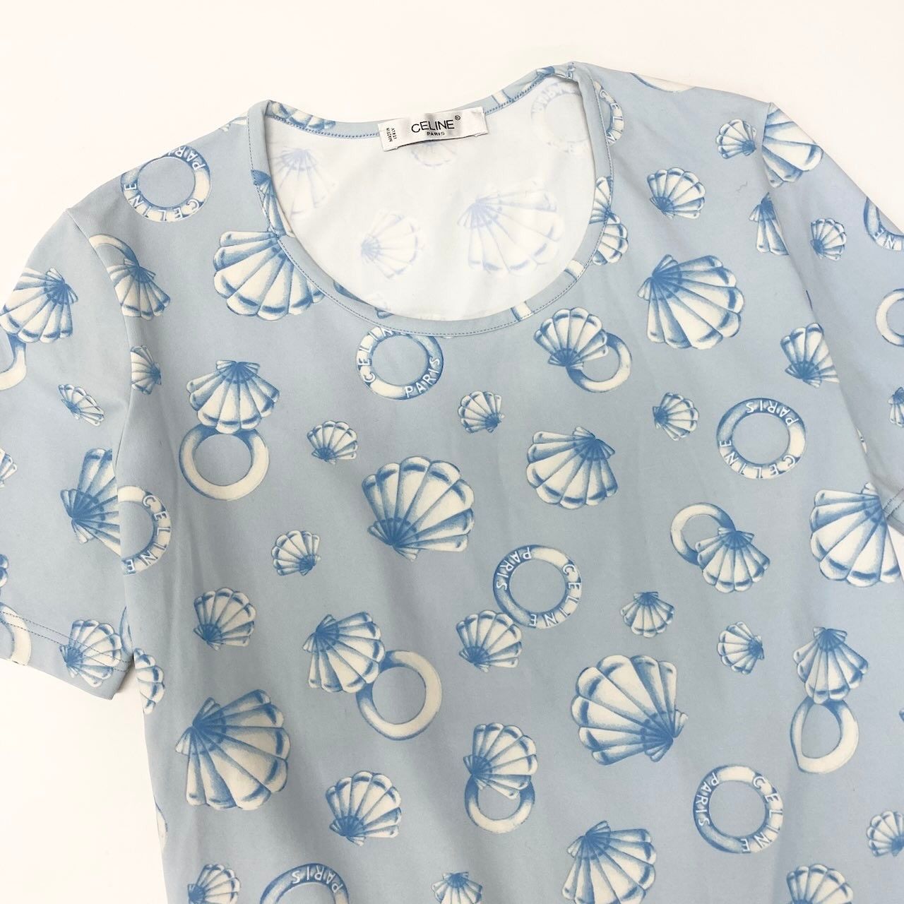 Ic30  CELINE セリーヌ マリン柄 半袖Tシャツ クルーネック カットソー 総柄 伸縮ストレッチ レディース 女性服 ライトブルーu02t Ic30 CELINE セリーヌ マリン柄 半袖Tシャツ クルーネック カットソー