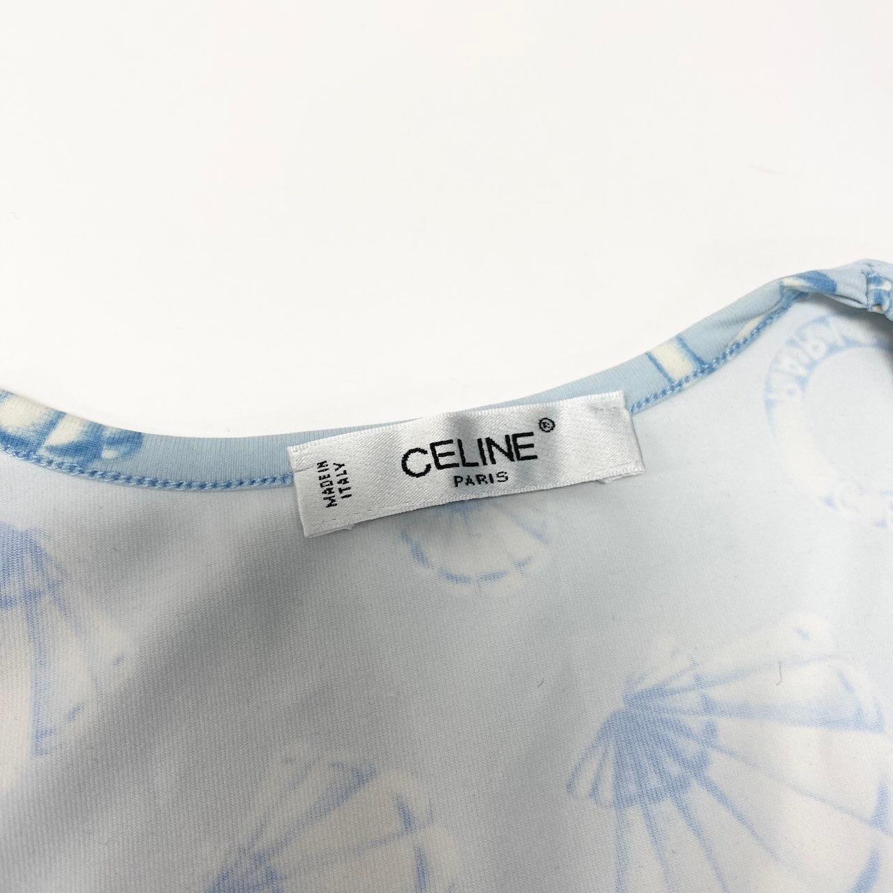 Ic30  CELINE セリーヌ マリン柄 半袖Tシャツ クルーネック カットソー 総柄 伸縮ストレッチ レディース 女性服 ライトブルーu02t Ic30 CELINE セリーヌ マリン柄 半袖Tシャツ クルーネック カットソー