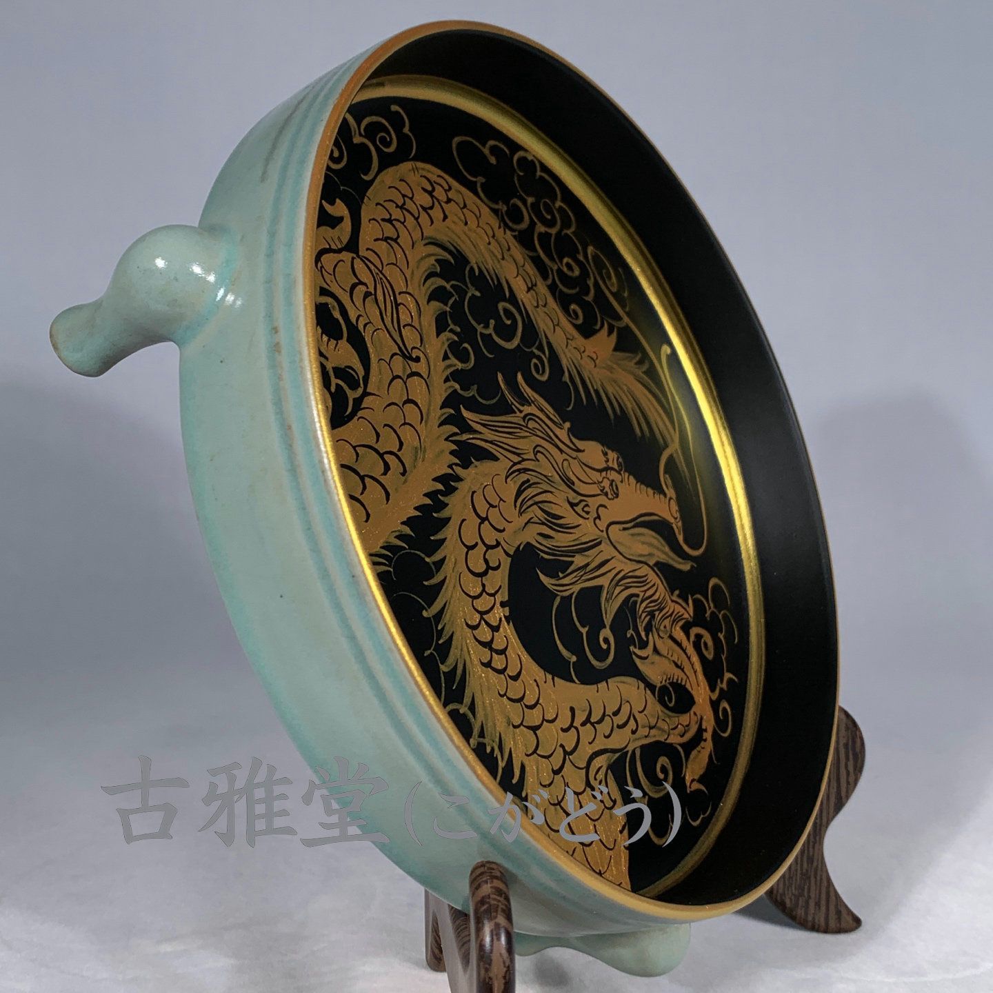 和田玉水孟　幅約6.5㎝　古玉彫刻 花彫紋 細工 書道具 唐物 中国美術 古玩 徳】旧家蔵出『清 古銅塗金製造 嵌和田玉纏枝龍紋如意置物』古美術品