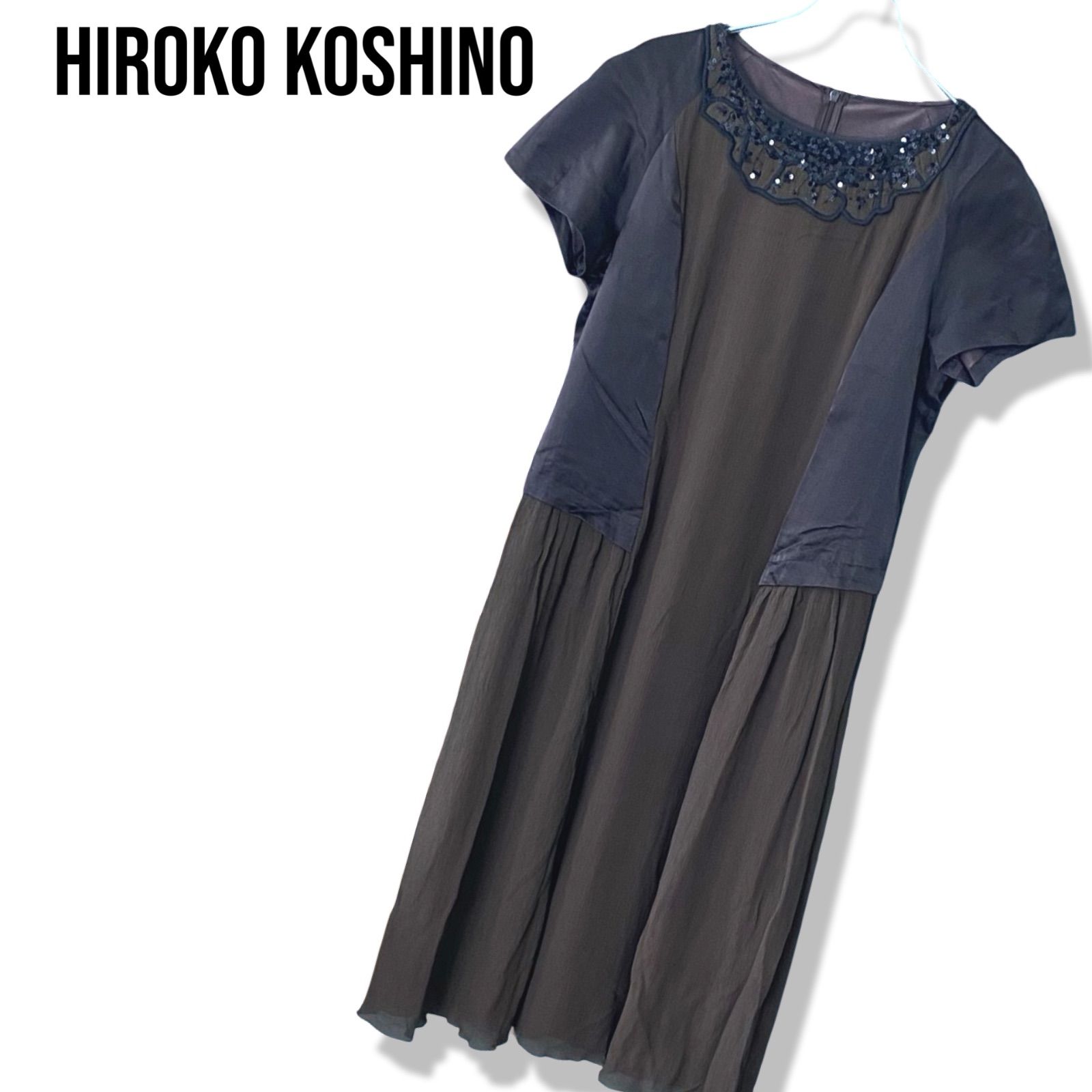 HIROKO KOSHINO シルク100% ビジュー装飾 ワンピース 38 