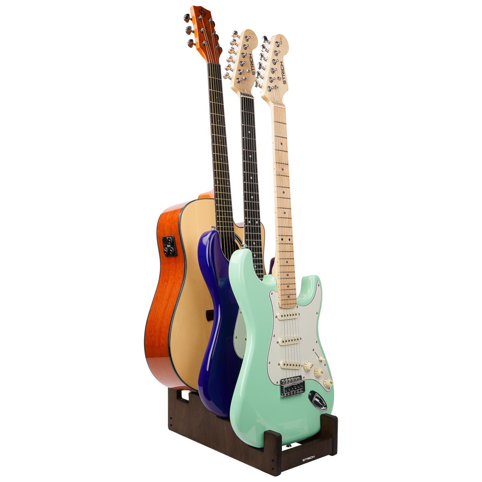 【新着商品】スタジオ ステージ用 自宅 マルチギタースタンド 省スペース フロントディスプレイ ウォルナット色 木製フロアギターラック L-2E1AW 3本掛け ギタースタンド (エレキ2本+アコースティック1本用) STRICH