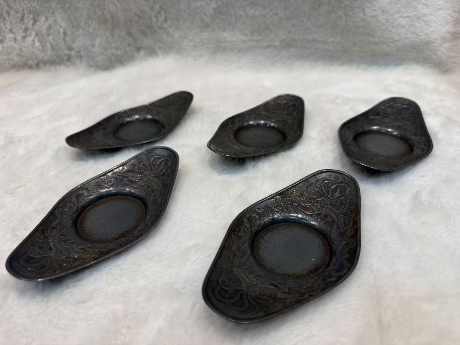 時代物】壱輝 銘 金属製 小皿 5枚セット 鳳凰文 茶托 古道具